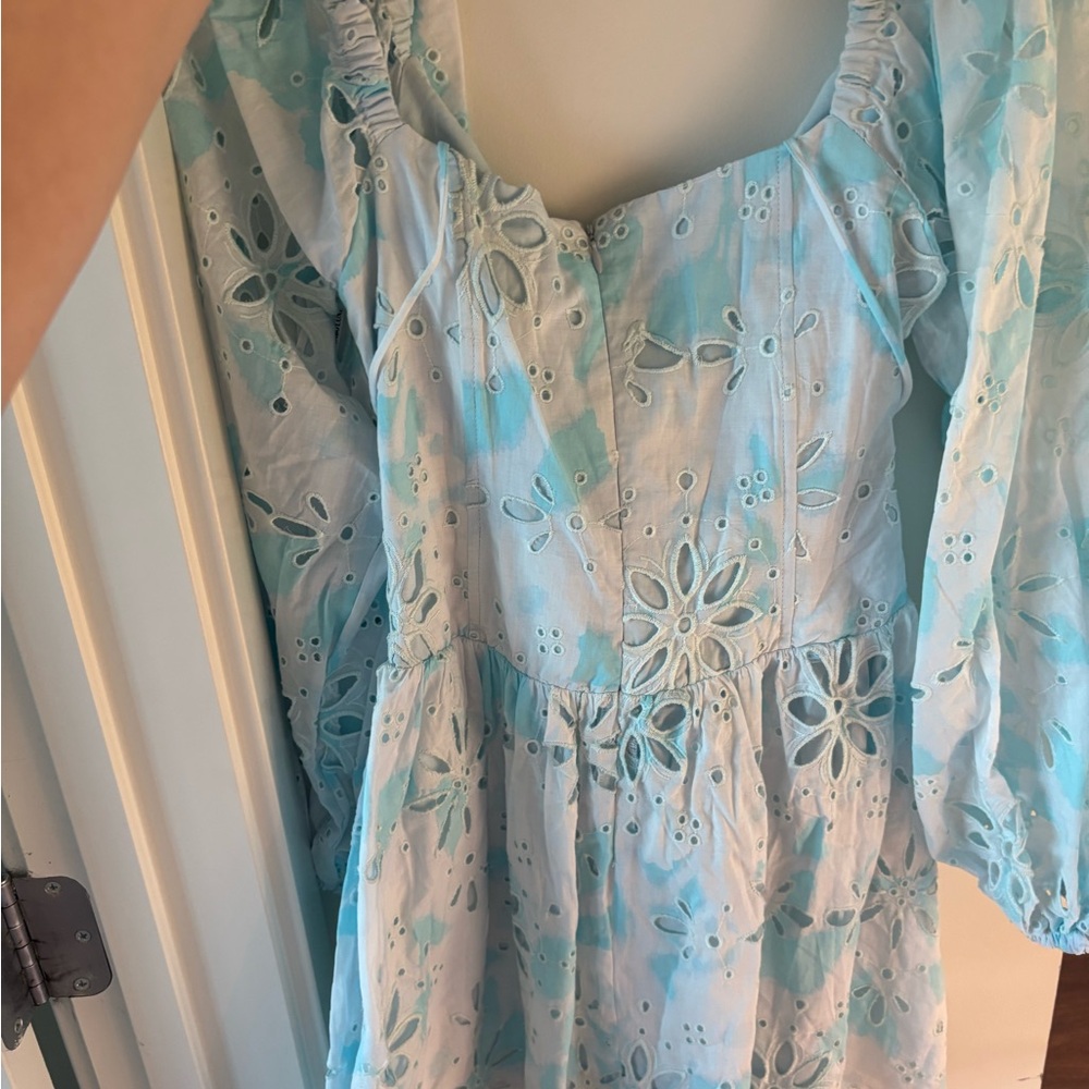 Sabo Skirt Light Blue Eyelet Puff-Sleeve Mini Dress - Picture 4 of 4